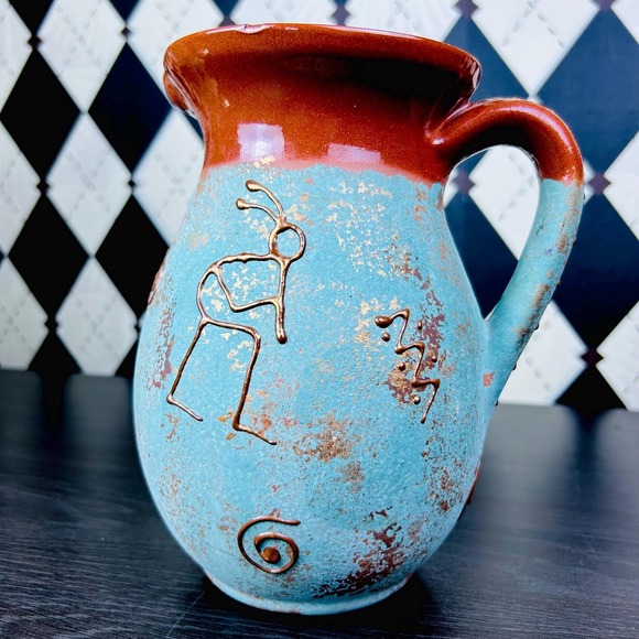 Vintage Other - Southwestern‎ Pottery Petroglyph Pitcher Turquoise And terracotta Vase Kokopelli